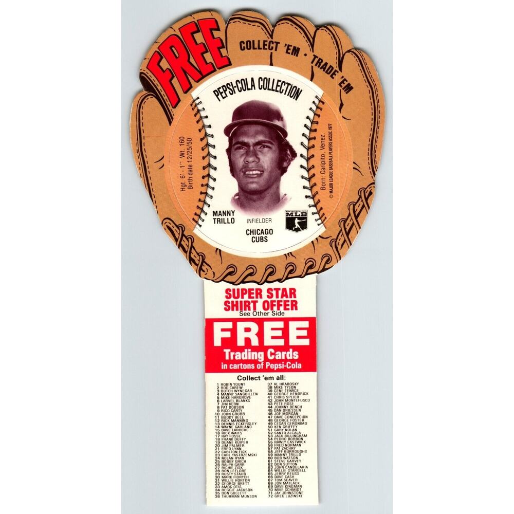 Pepsi-Cola Baseball Trading Card 1977 Manny Trillo Chicago Cubs MLB Trade